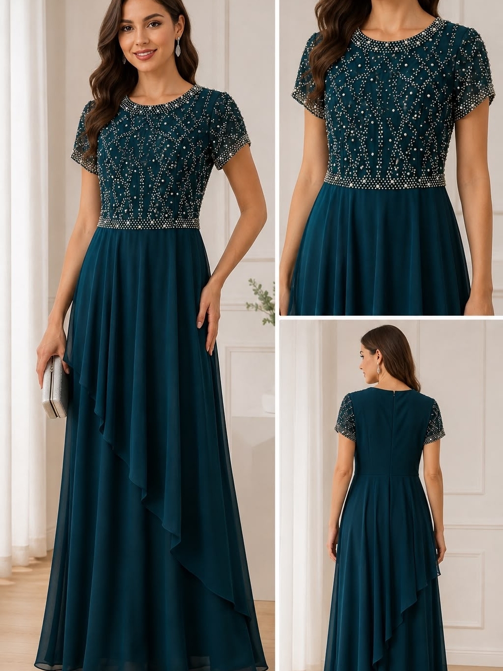 Embellished Short-Sleeve Teal Evening Dress